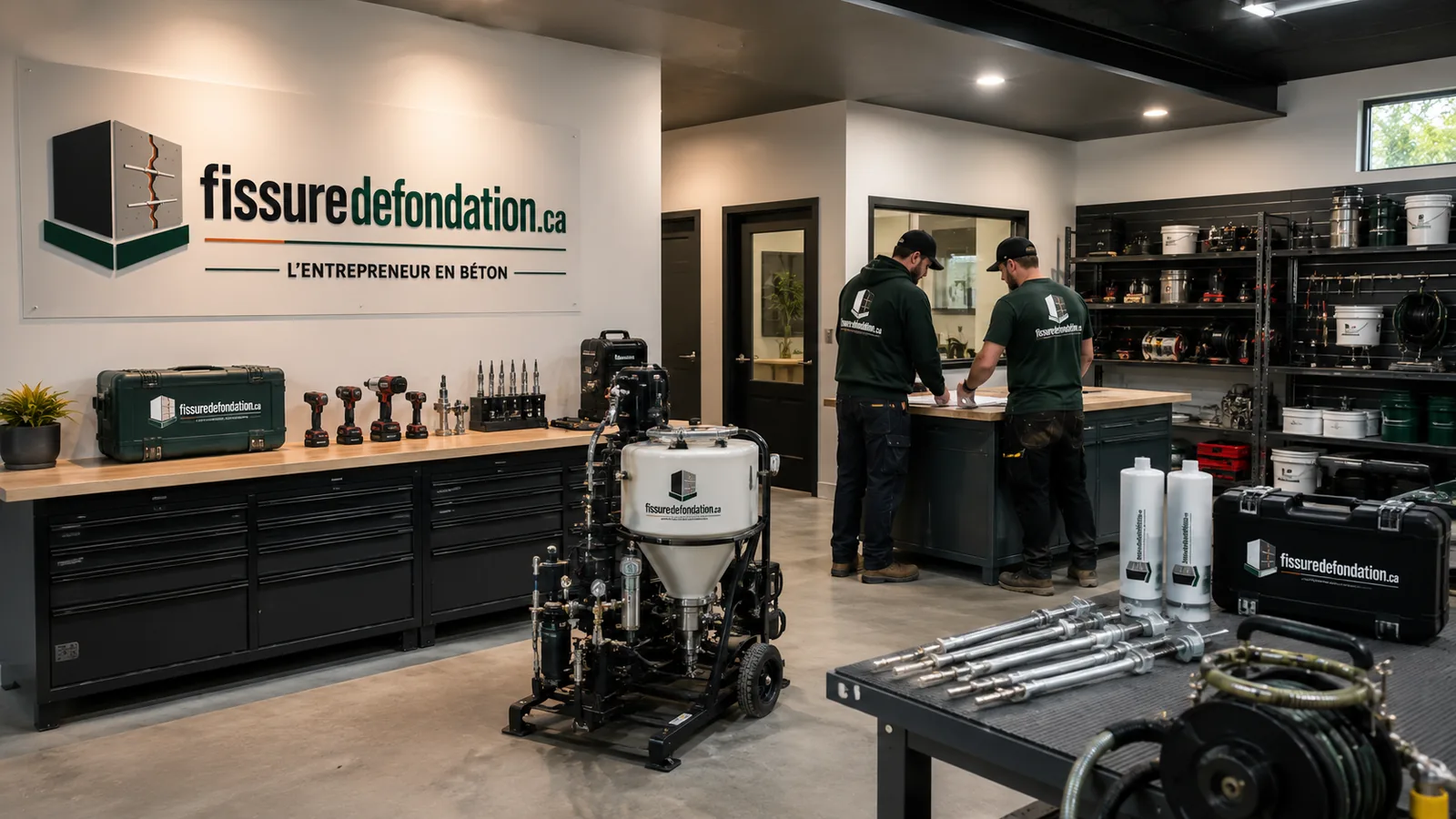 Atelier d'une entreprise de réparation de fissures de fondation avec pompe à injection