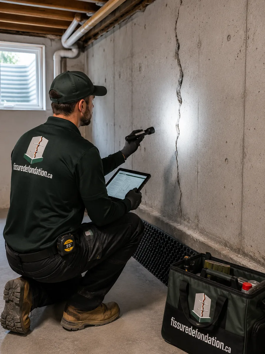 Inspection d'une fissure de mur de fondation dans un sous-sol