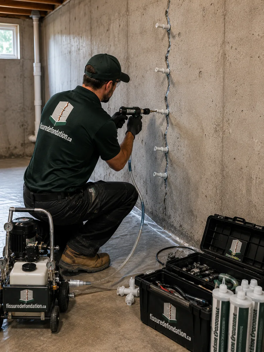 Injection sous pression d'une fissure de fondation par ports d'injection