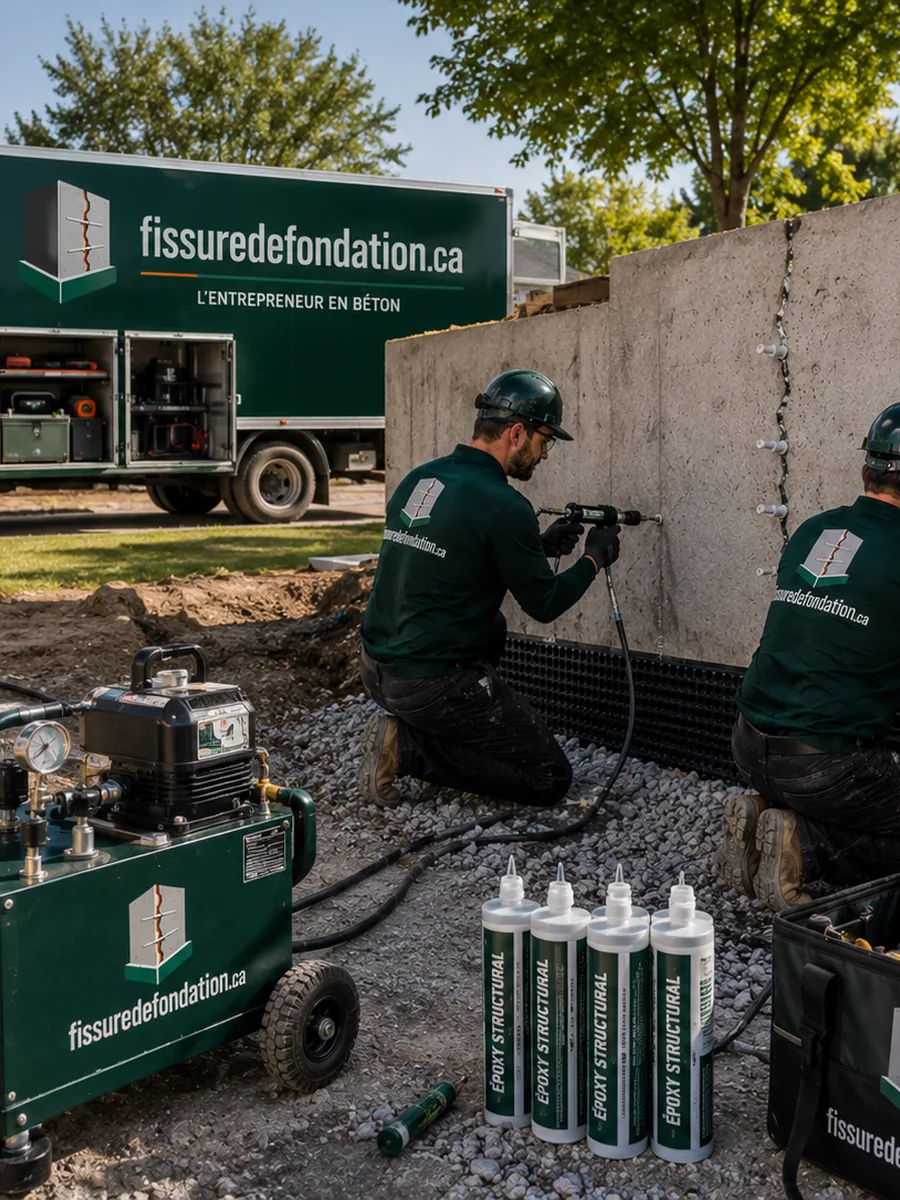 Équipe réparant des fissures sur un mur de fondation extérieur